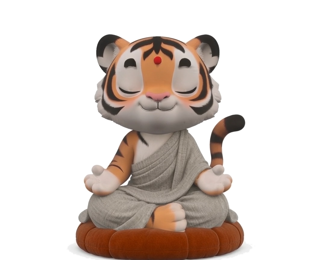 Yin, the Focus Tiger companion, sitting in calm meditation